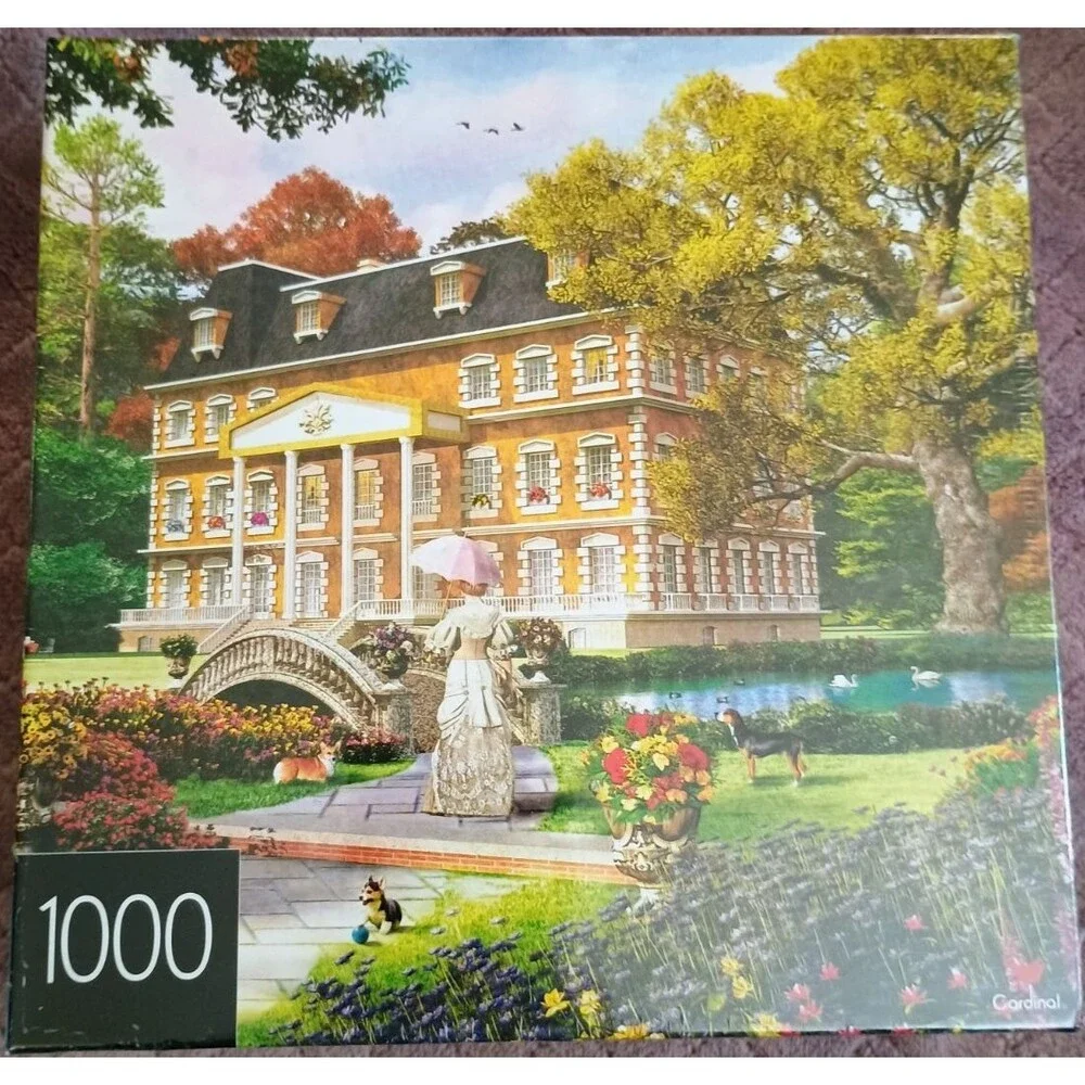 2 Cardinal 1000 Piece Jigsaw Puzzles Sealed Cabin Bridge & Grand Estate Garden